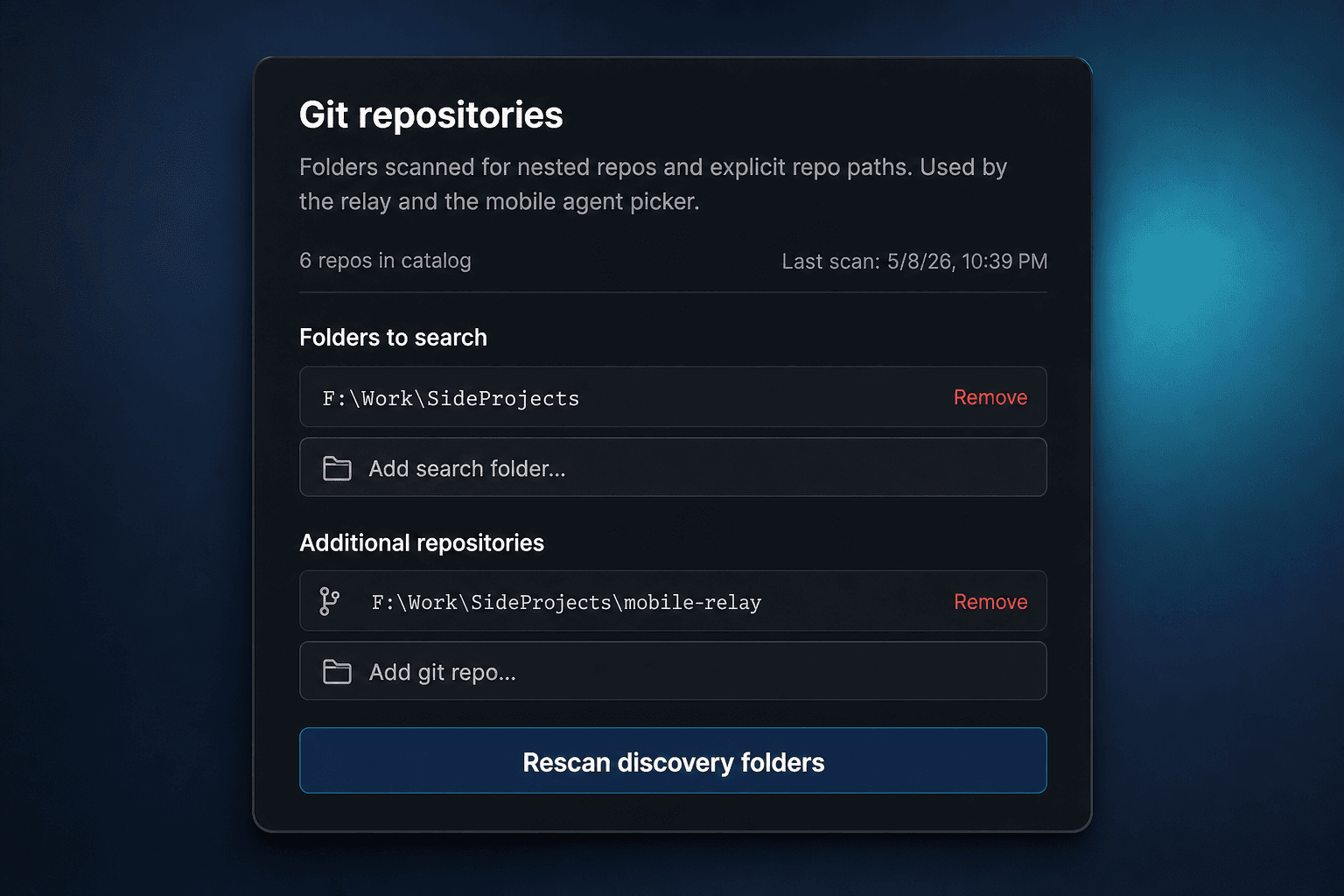 Git repositories settings with scan folders and rescan control