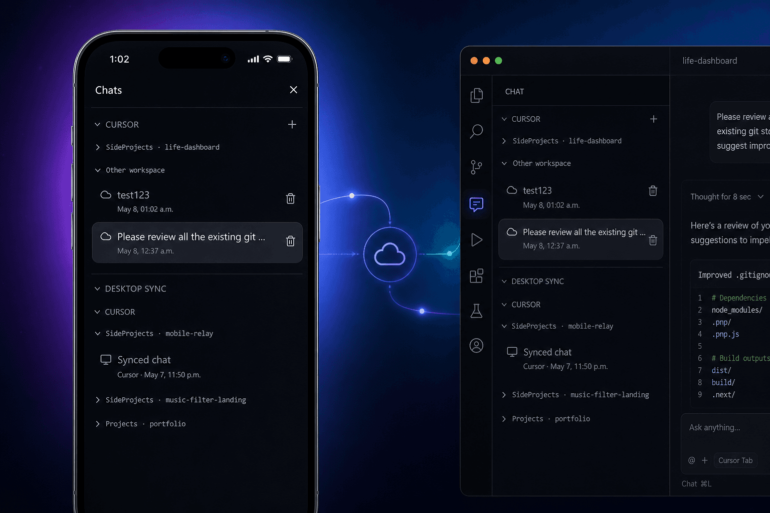 Mobile chat sidebar and desktop app panel connected by sync indicators