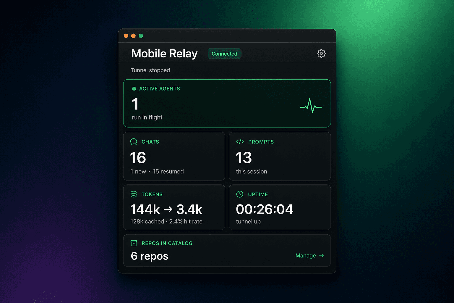Qodlink desktop app dashboard with connection status, agent activity, and repo catalog