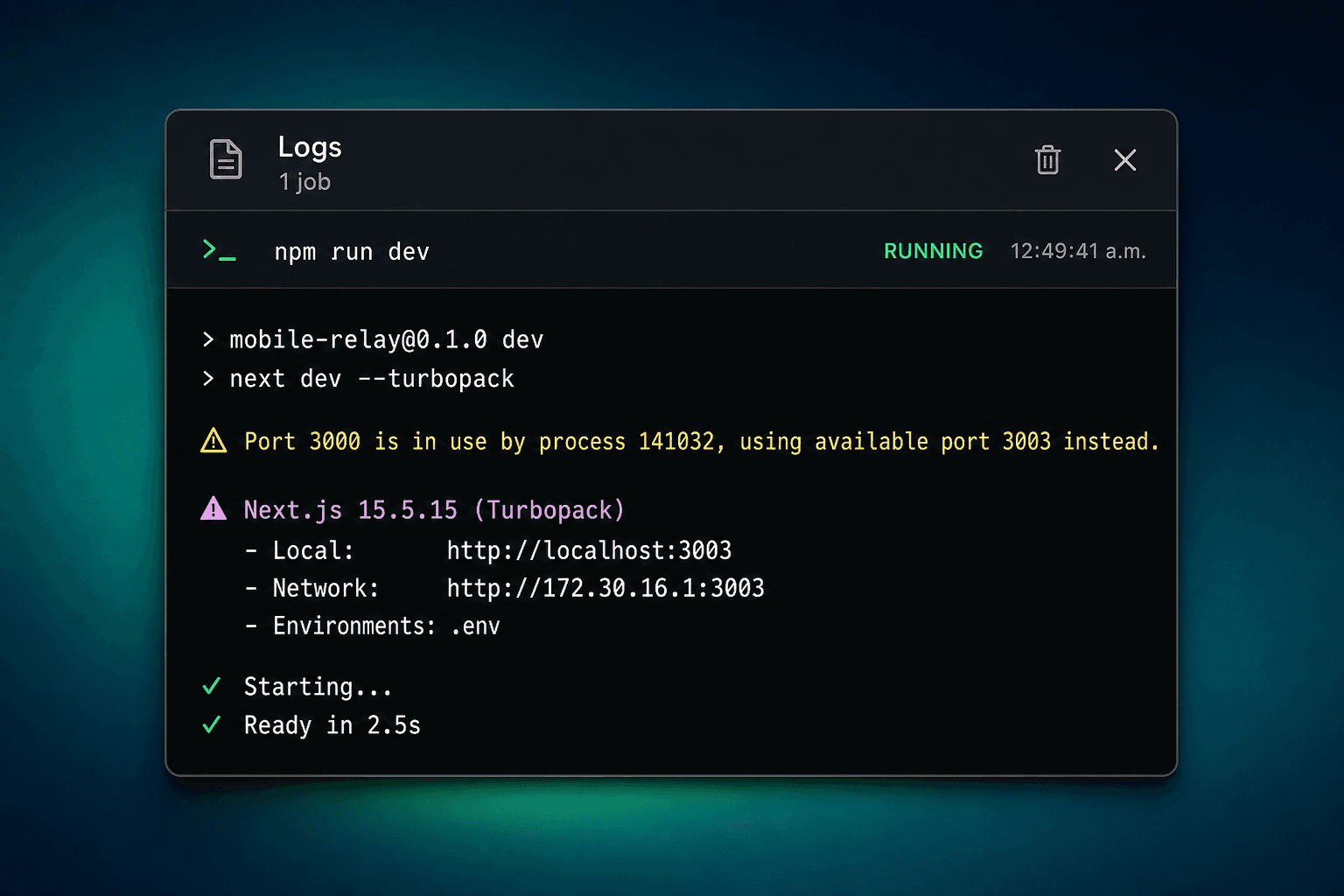 Logs panel showing dev server running with local and network URLs