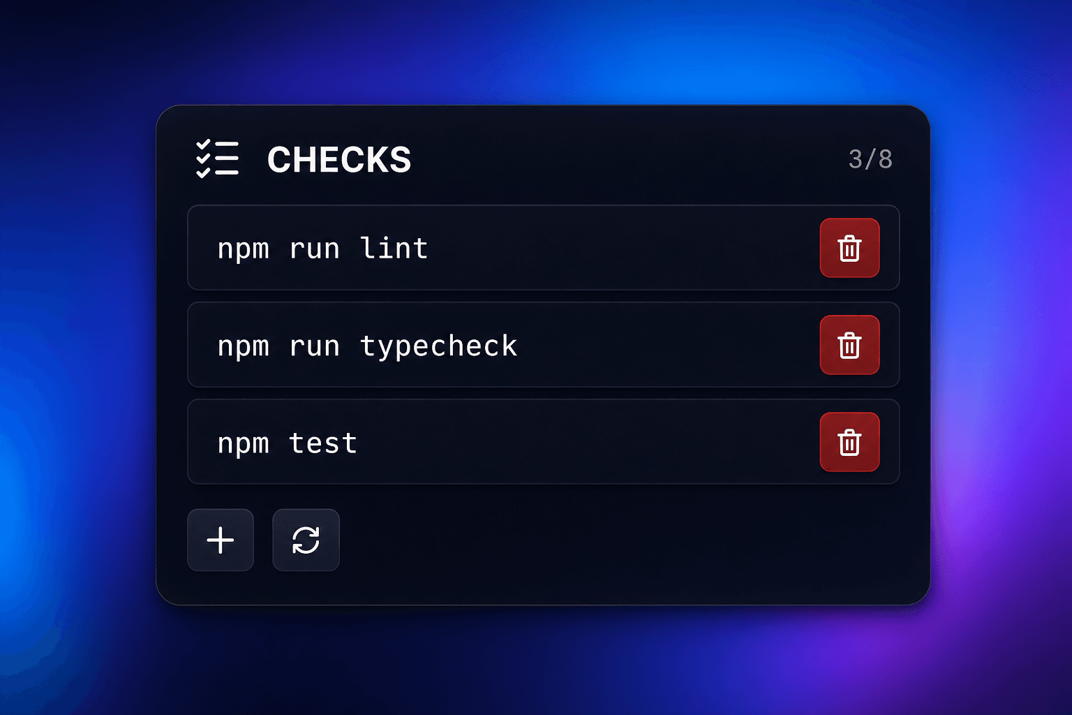 Checks panel listing lint, typecheck, and test commands